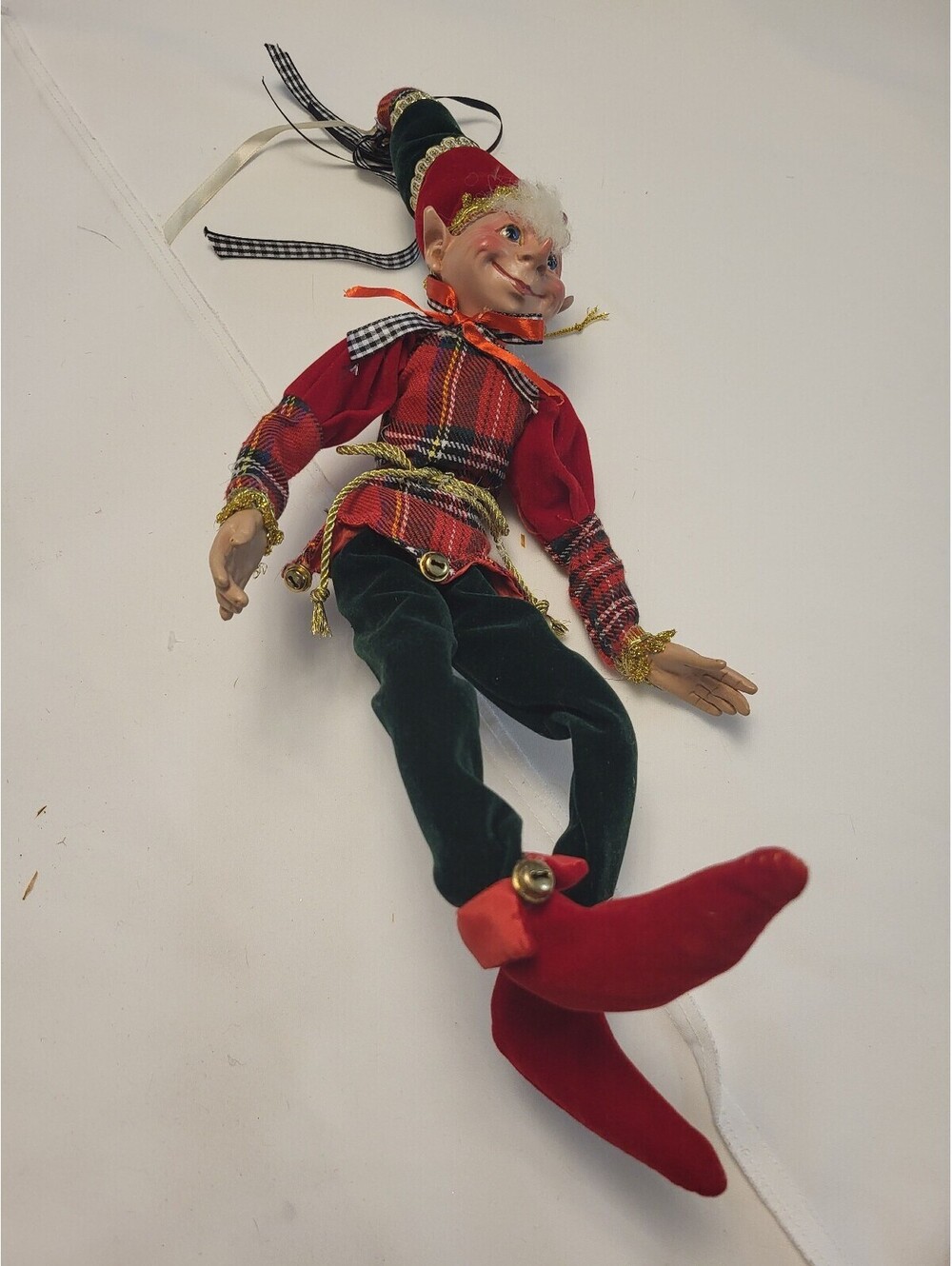 Vintage Elf Doll with Red Plaid Shirt and Velvet Pants 18.5x7.5